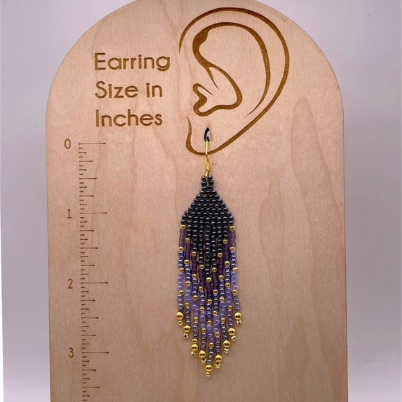 Beaded Fringe Dangle Earrings Purple Violet Lavender Gold Glass Beads Beadwork - Picture 6 of 7